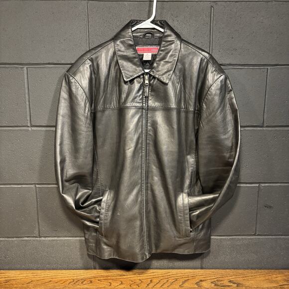 Merona Other - Vintage 90s Merona Men’s Black Leather Collared Full Zip Bomber Jacket Medium